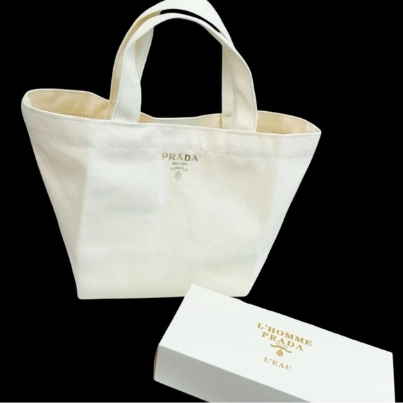 NEW w/ Box Prada Cream VIP Canvas Small Tote Bag 9”x 7” w/ 3” Shoulder … - Picture 1 of 10